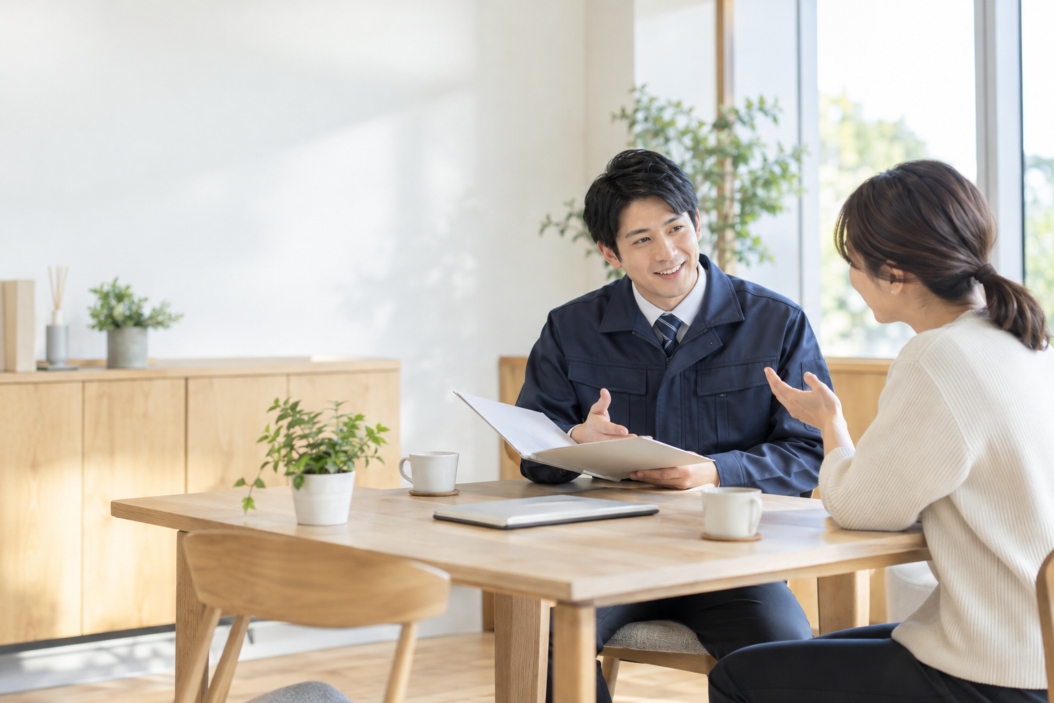 担当者がお客様のご質問を伺いながら丁寧にご案内する相談風景