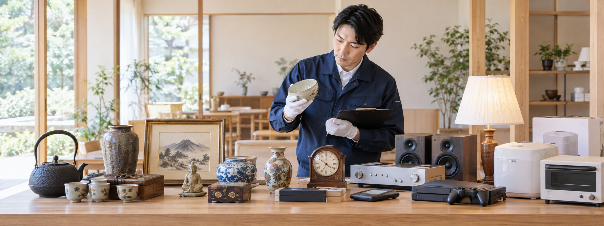 さまざまな品物を一つずつ確認して査定する担当者