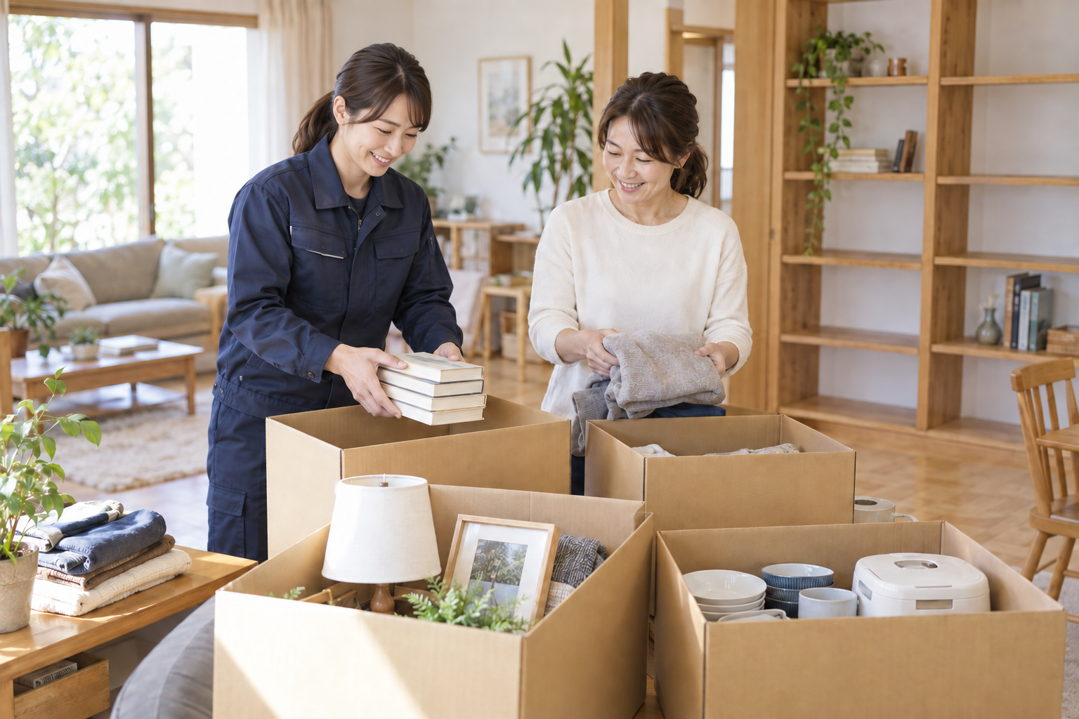 ご自宅でお客様と家財を整理する女性スタッフ