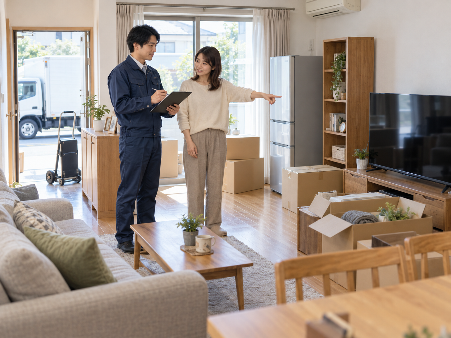 引越し前の室内で荷物量を確認し見積もりを作成する担当者