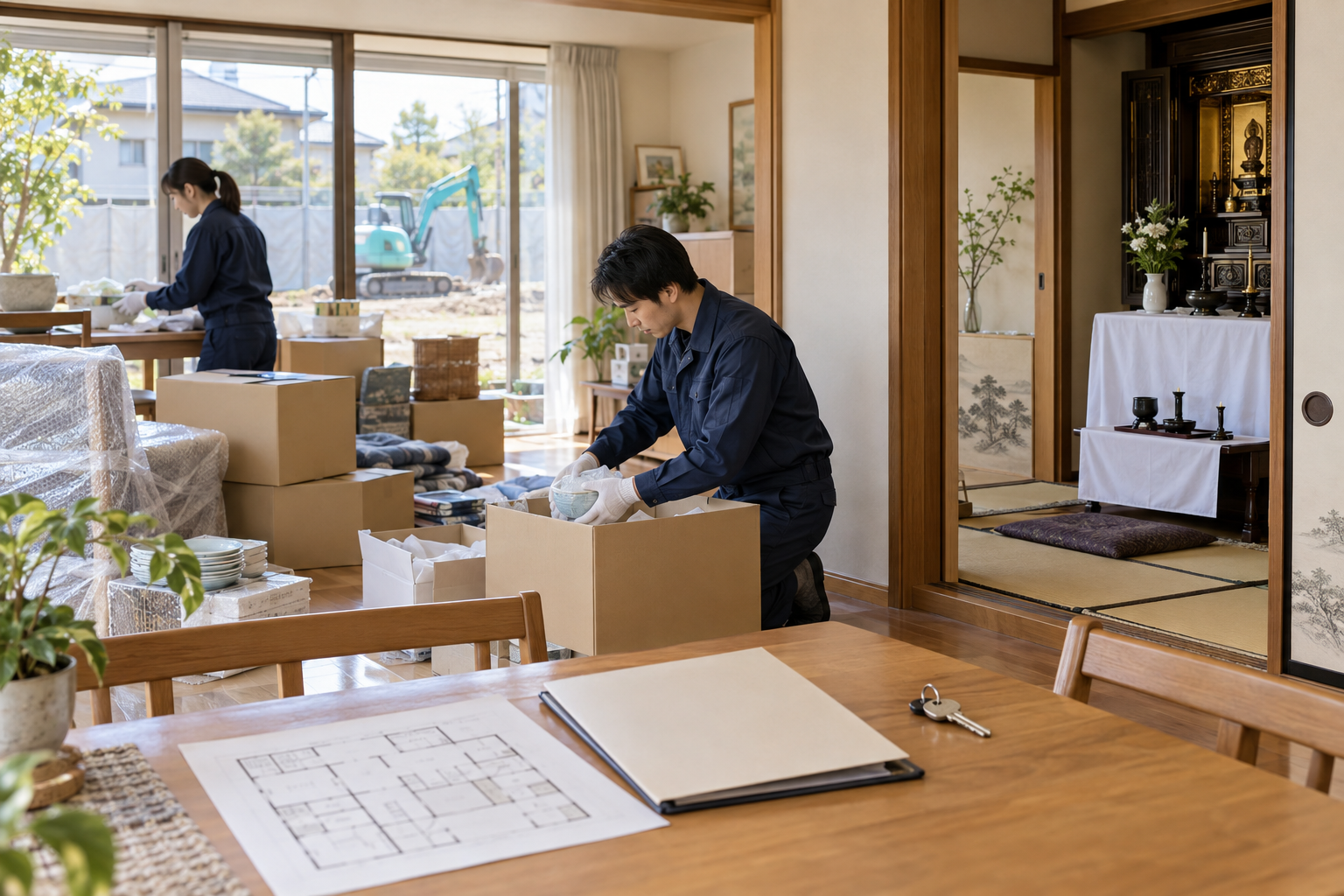 ご自宅で家財を丁寧に整理するスタッフ